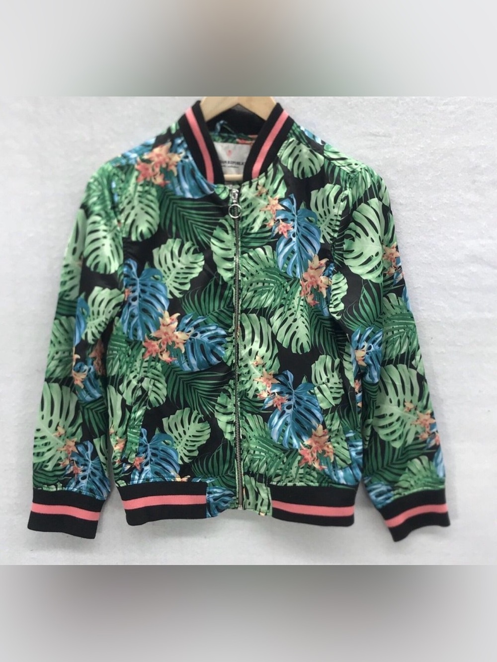 Urban Republic Tropical Leaf Print Bomber Jacket - Green, Blue, Black, Pink